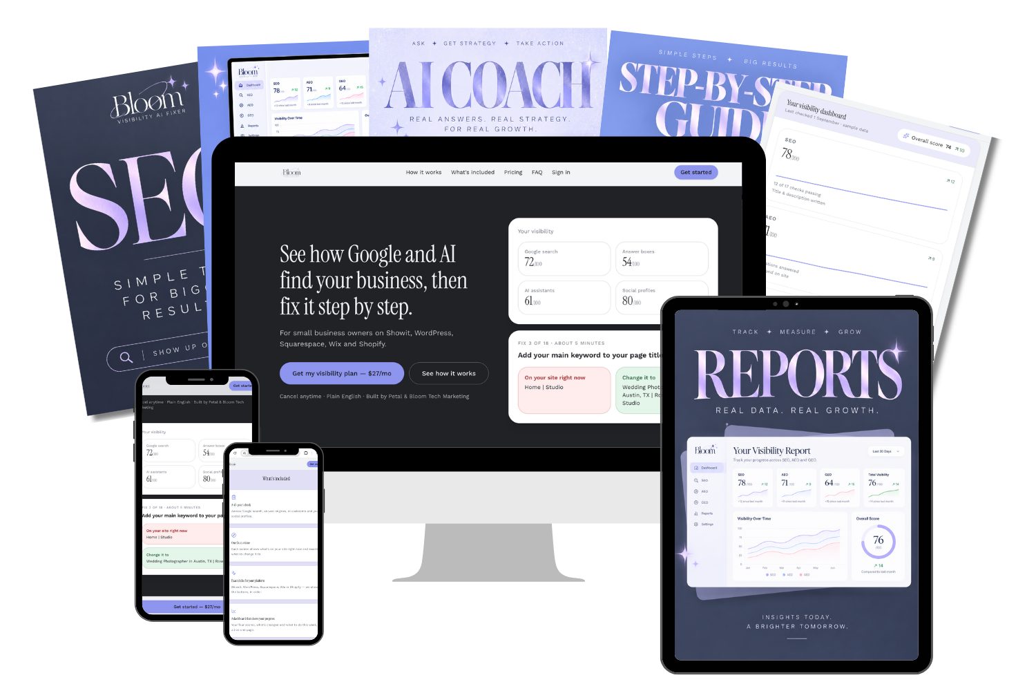 The Visibility Fix across devices: visibility scores, the step-by-step guide, the AI coach and the monthly reports