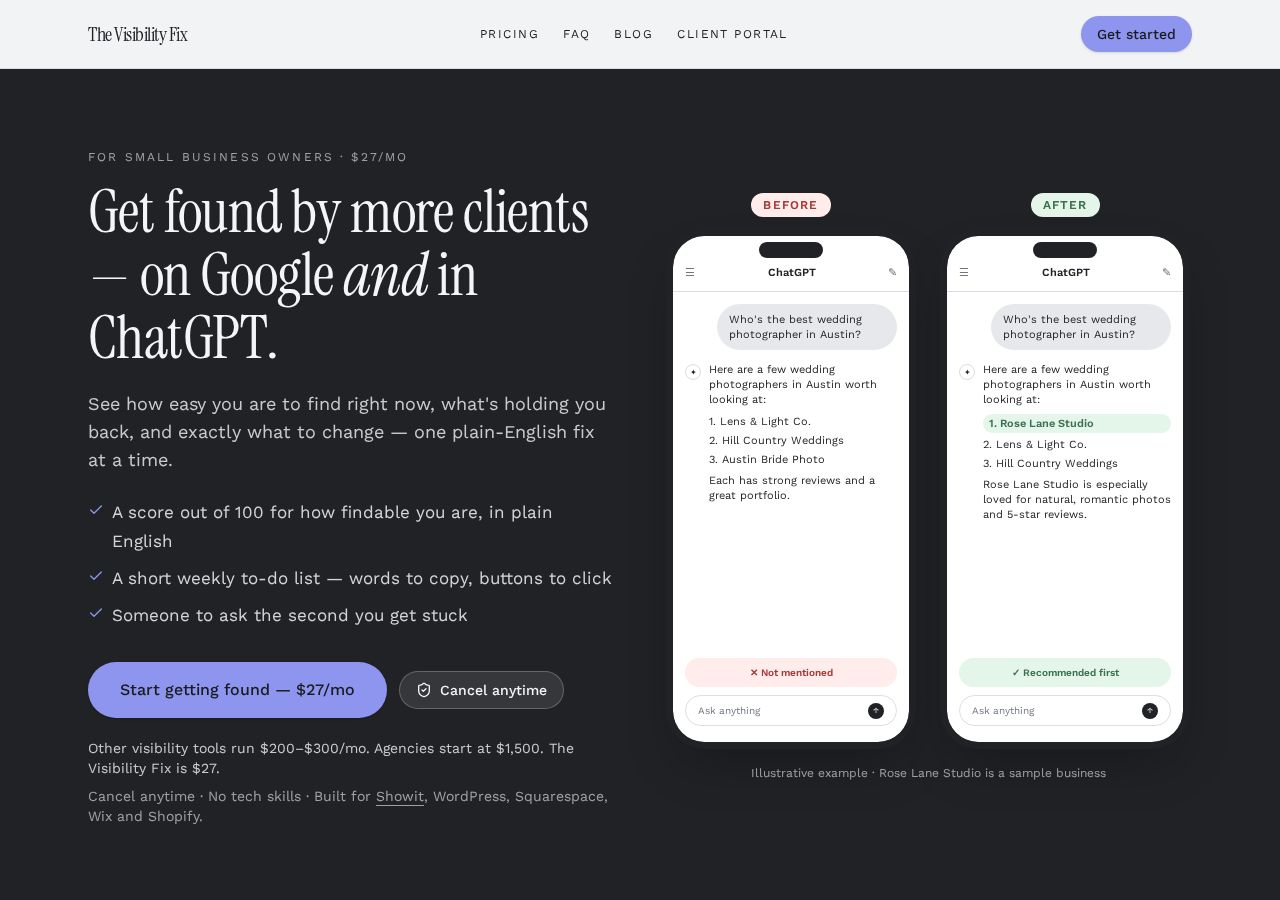 The Visibility Fix homepage with the Start getting found button